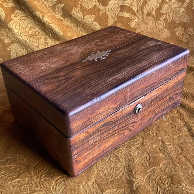 Vintage Wooden Inlay Brass Writing Slope Box Antique Travel Desk Till Jewellery