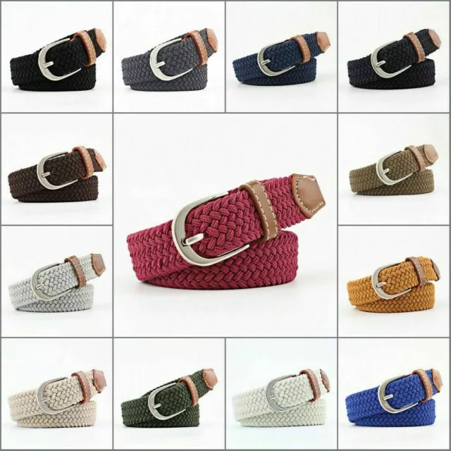 Men's Women's Leather Covered Buckle Woven Canvas Elastic Stretch Belt Waistband