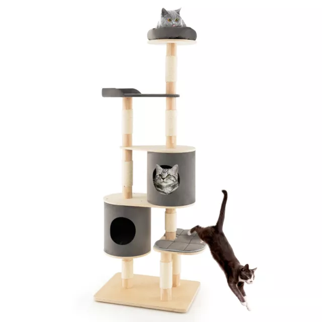 6-Tier Cat Tree 190 cm Rubber Wood Cat Tower Furniture W/ Sisal Scratching Posts