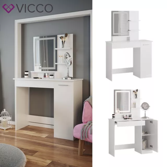 Coiffeuse Table de coiffage  Commode de maquillage Julia blanc Miroir LED Vicco