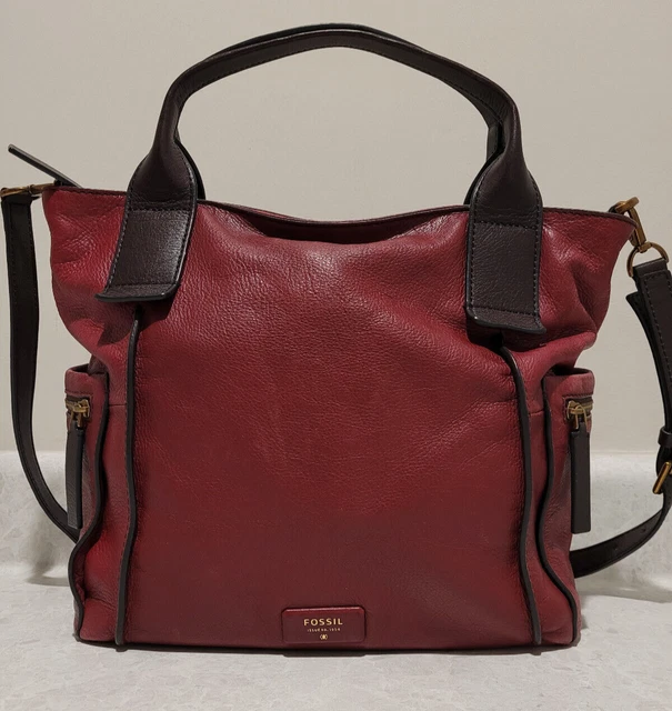 FOSSIL Burgundy & Brown Leather EMERSON Tote Satchel Bag Purse & Crossbody Strap
