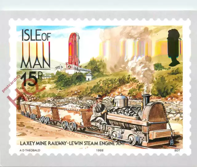 Postcard-:ISLE OF MAN STAMP CARD, LAXEY MINE RAILWAY, LEWIN STEAM ENGINE ANT