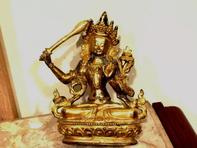 Beautiful Antique Chinese Gilt Bronze Buddha Statue Figurine Marked