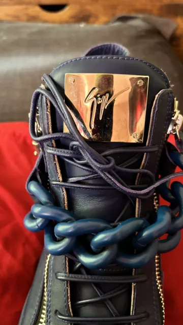 Giuseppe Zanotti Blue Leather Zipper Chain High-Top Sneaker Men’s Size 44 | NEW