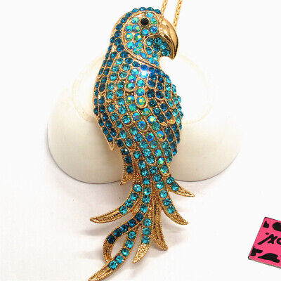 New Betsey Johnson Blue Bling Crystal Parrot Rhinestone Pendant Chain Necklace