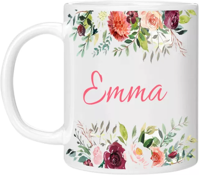 Personalised Floral Mug with Name Gift for Mum, Dad, Kids /Girls, Tea Coffee Mug