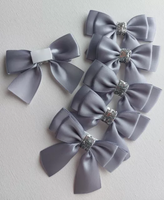 6 Self Adhesive Bows Satin Ribbon Christmas Gift Bows Grey Silver Glitter UK