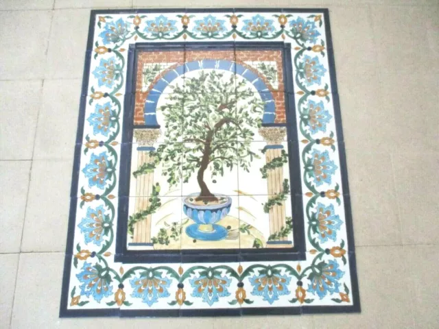 30" x 36" Hand painted Ceramic tile art panel Olive Tree mural Backsplash