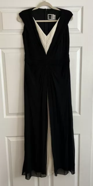 Tadashi Shoji Dress Women's 12 Black Ivory Silk Sleeveless Pleated Maxi Gown