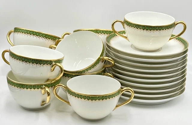 SET OF 10 ANTIQUE GREEN & GOLD LIMOGES PORCELAIN BOUILLON CUPS & SAUCERS c1891