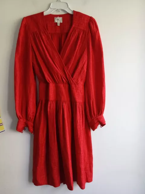 Milly of New York Red Textured 100% Silk Faux Wrap Long Sleeve Dress size 6