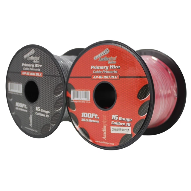 Carretes Audiopipe Two calibre 16 100 pies de cable primario CCA rojo y negro 16-100-RB