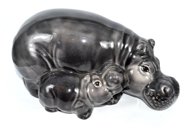 Vintage Hippopotamus Hippo Mommy & Baby Ceramic Figurine Statue Wild Life 12''