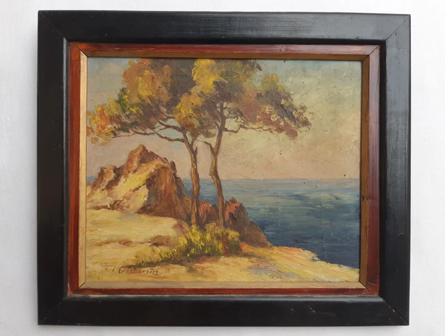 Tableau ancien, Paysage de bord de mer | Selency