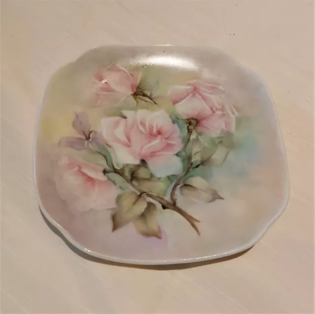 "VINTAGE" "Hand painted PLATE" "Diameter 13.2cm" "Signed" 1982 "Pink Rose Theme"