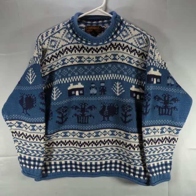 Vintage Eddie Bauer Sweater L Women's Hand Knit All Over Print Blue Nordic Aztec