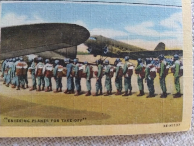 Unused 1940's World War II Postcard Army Paratroopers Mass Jump Fort Benning GA