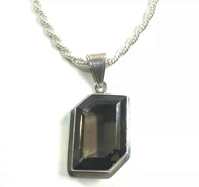 925 Sterling 2.5” Geometric Smoky Quartz Pendant w/4.5mm Twisted Rope Chain, 18”