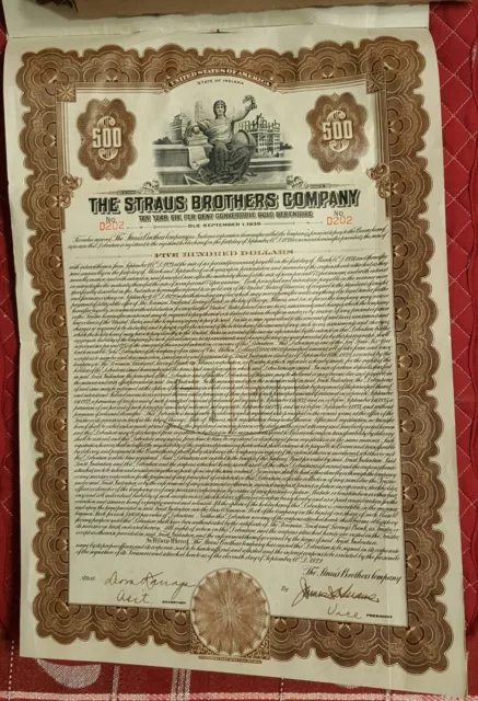 Straus Brothers Co $500 Gold Bond, 1929 With 15 Coupons, Liquidated Bond
