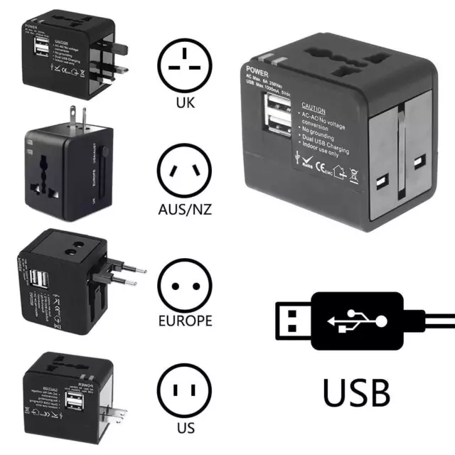 Weltweiter Reiseadapter Multi Plug Universal Ladegerät UK EU AU US 2 USB Port