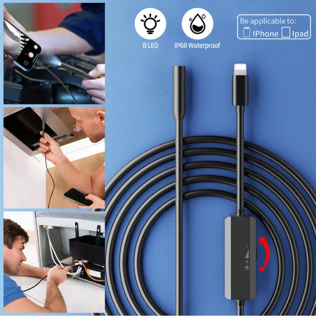8Pin HD Endoscope Camera For iPhone iPad 8 LEDs Inspection Borescope Waterproof