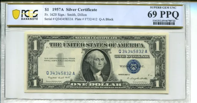 FR 1620 1957A $1 SILVER CERTIFICATE 69 PPQ SUPERB GEM UNC - Consecutive Pair
