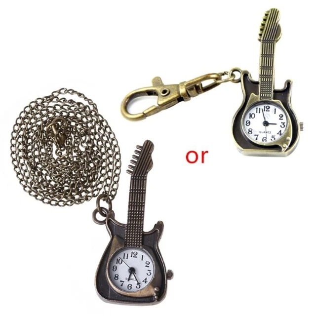 Antique Guitar Design Quartz Pocket Watch Retro Steampunk Pendant Clock