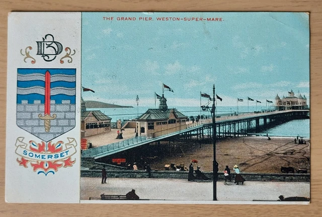 Weston-Super-Mare Postcard: Grand Pier & Coat of Arms. Davies Bros, Posted 1909