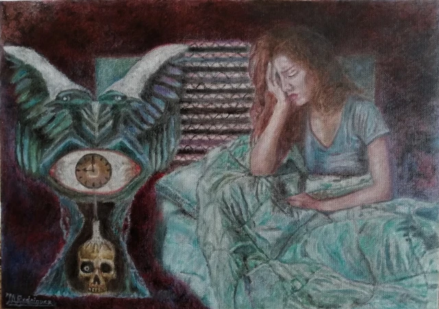 Rodríguez García. El insomnio. Óleo sobre cartón preparado.(29'7x21cm).2022.