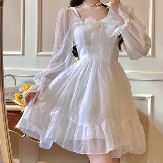 Da Donna Abito Corto Puff Maniche Fiocco a Balze Lolita Fairy Princess Casual
