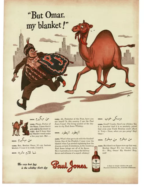 1943 Paul Jones Whiskey Camel Mascot chases Indian man language Vintage Print Ad
