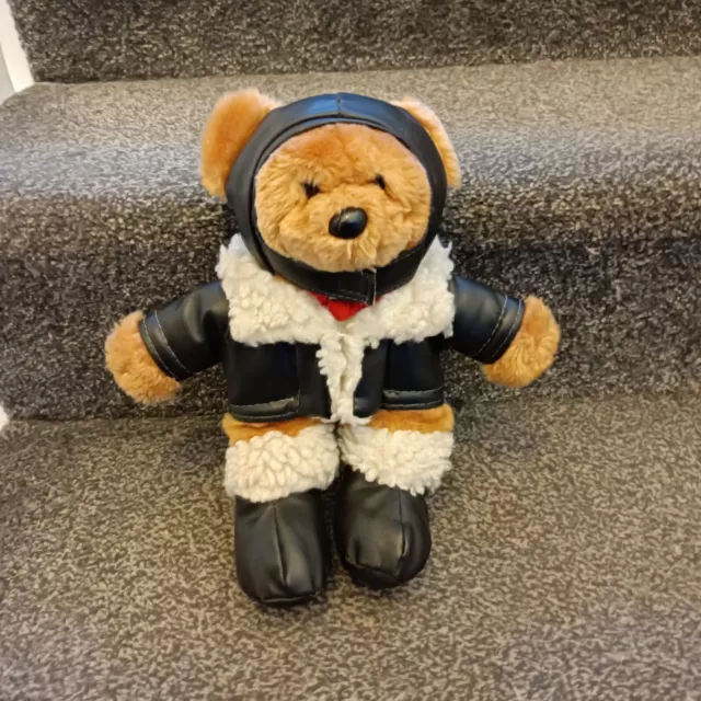 Teddy Bear Cuddly Plush In Aviation  Leather Faux Clothes Outfit Vintage Unusual