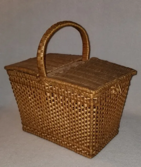 19th C. Shaker Woven Double Lid Picnic Basket Petite Size Made For Non-Shaker