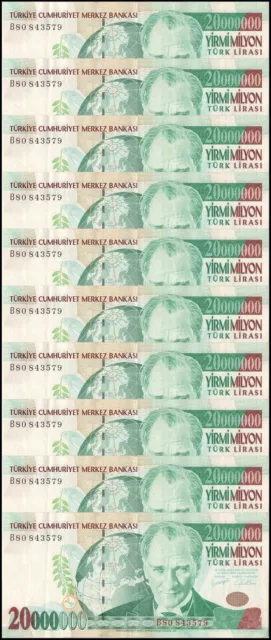 Turkey 20 Million Lira, L.1970 (2000), P-215, Used X 10 PCS