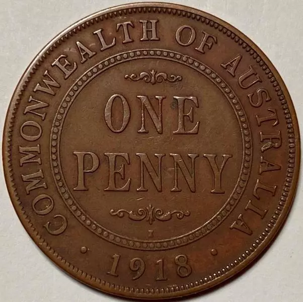 1918i AUSTRALIAN PENNY KGV..ORIGINAL OLD CIRCULATED COIN..LOW MINTAGE..SCARCE.