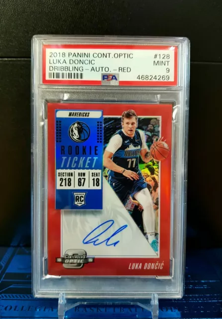 2018-19 Panini Contenders Optic Luka Doncic Rookie Red Prizm Auto RC 57/99 PSA 9