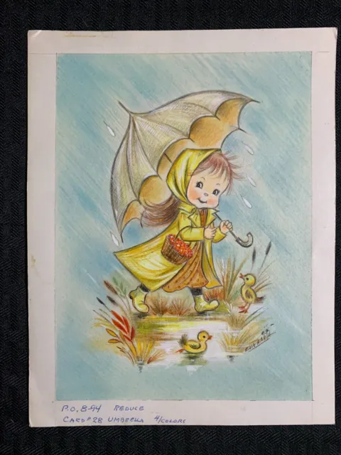 CUTE GIRL with Ducks and Umbrella in the Rain 6x8" Greeting Card Art #28