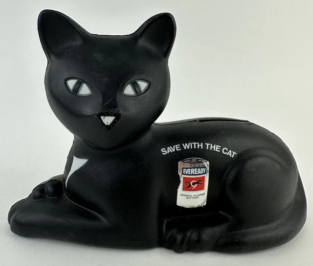 Vintage 1981 Eveready Battery Plastic Black Cat Piggy Bank "Save with the Cat" ￼