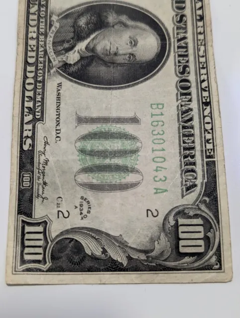 1934 A $100 Dollar Bill Federal Reserve Note. Bank of New York B