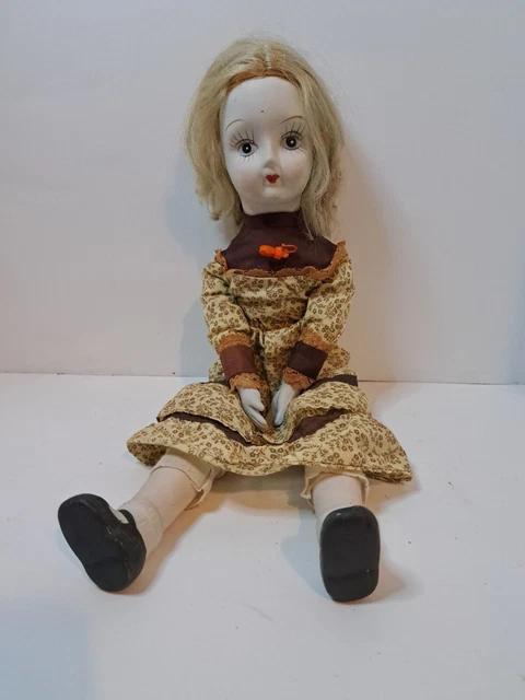 Creepy Walda Bisque Porcelain Doll 1970s Vtg. Gingham Victorian Style Wednesday