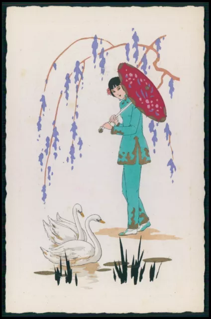 bb unsigned Meschini Art Deco hand painted pochoir Geisha & Swan 1920s postcard