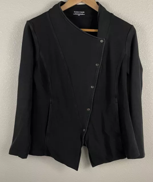 Eileen Fisher Womens M Black Asymmetrical Button Shaped Jacket In Cotton Jersey