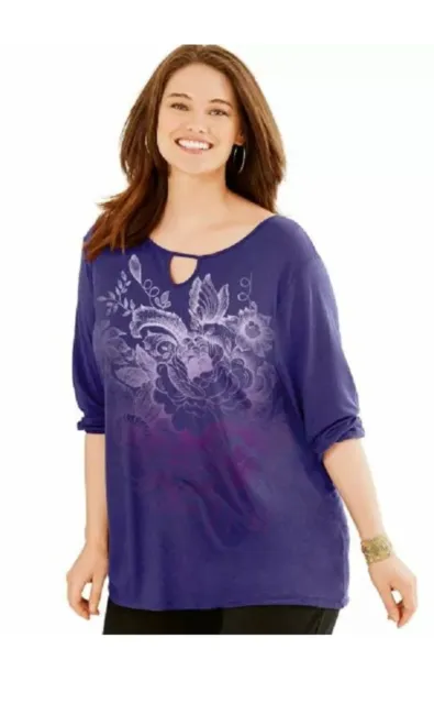 NWT Just My Size Plus Size 3/4 Sleeve Key Hole Shirt Tunic Blue 1X 3X 4X