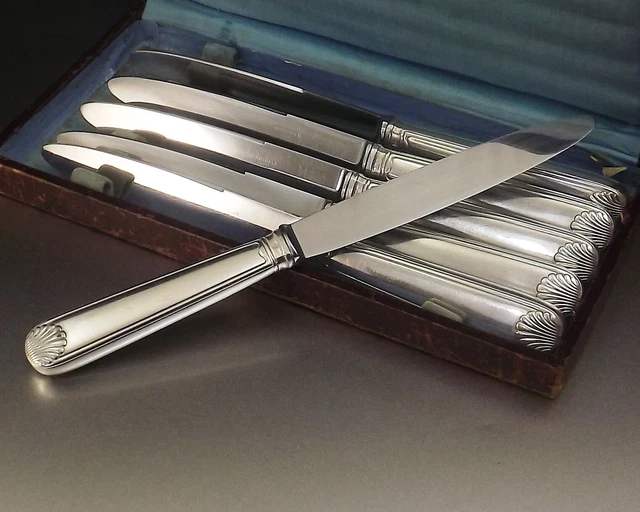 Joseph Buisson 6 Grands Couteaux Decor Coquille Metal Argente Et Inox Vers 1950