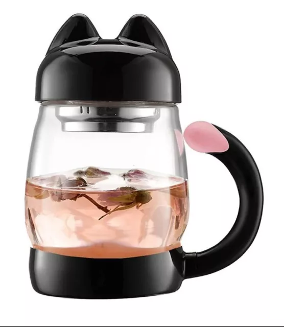 Cute Cat Glass Tea Mug Travel -With Strainer Filter 14 oz