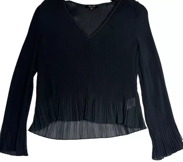 Madewell Pleated Flare Sleeve Top Blouse Womens XS Black Flowy V Neck Semi Sheer