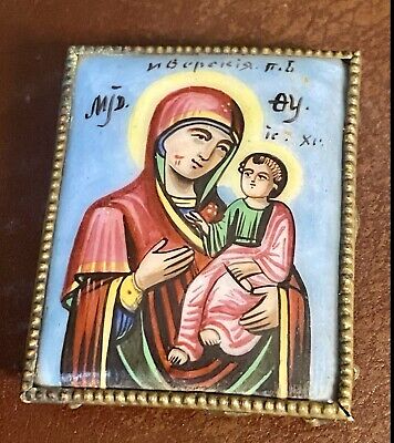 Antique Miniature Russian Enamel Finift Mary Icon Hand Painted 19th C Orthodox