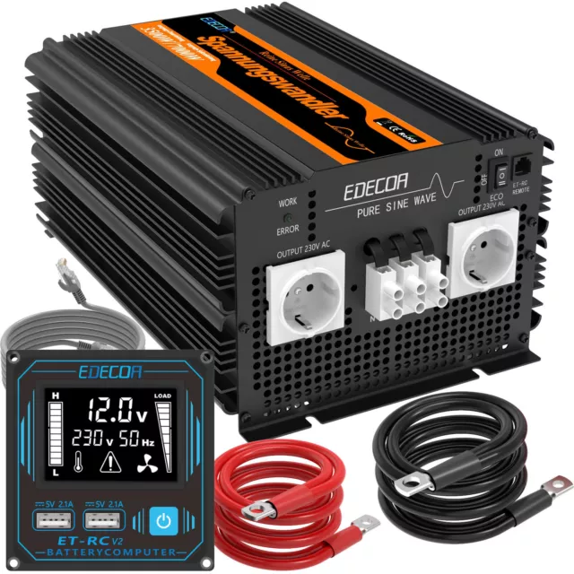 EDECOA Convertisseur Pur Sinus 12V 220V Onduleur 3500W Inverter Télécommande LCD