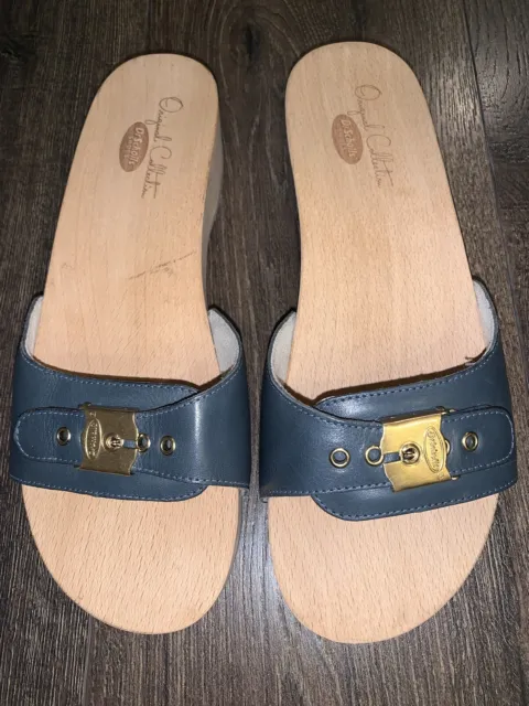 Dr Scholl’s Original Collection Sz 9 Navy Blue Wooden Slide Sandals Exercise NEW