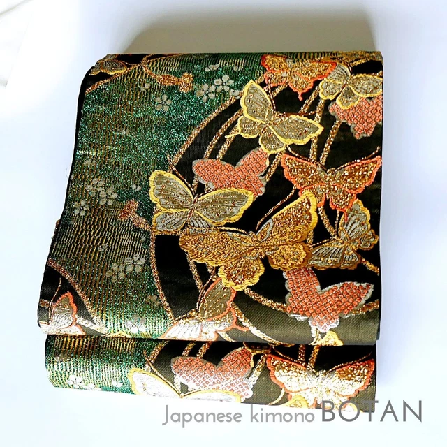 japanese kimono obi One-off vintage silk 《fukuroobi》butterfly pattern from japan